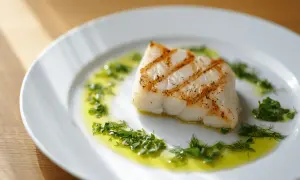 Un delicioso bacalao a la plancha, con marcas doradas y servido sobre un plato blanco con aceite de oliva y hierbas frescas picadas.