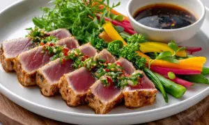 Tataki de atún sellado con hierbas frescas y chile, acompañado de verduras crujientes y salsa.