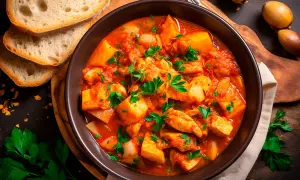 Un tazón humeante de patatas con bonito en salsa de tomate, adornado con perejil fresco. Acompañado de rebanadas de pan rústico.