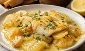 Merluza al horno con patatas, cebolla y perejil, servida en un plato blanco con una rodaja de limón al fondo.