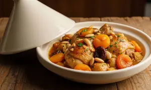 Pollo almendras en tajín, preparado con Thermomix. Jugosas piezas de pollo con albaricoques secos, ciruelas pasas y almendras tostadas.