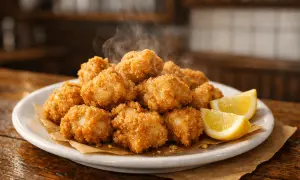Montón de cazon en adobo crujiente y humeante servido en plato blanco con gajos de limón.