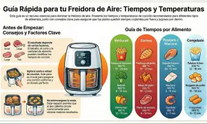 Guía de freidora de aire con tiempos y temperaturas para verduras, carnes, pescado y congelados. Incluye consejos para cocinar patatas, brócoli y pimientos.