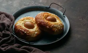 Dos monas de Pascua esponjosas, cubiertas de azúcar, con un huevo cocido incrustado en cada una, listas para disfrutar.