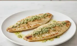 Dos filetes de merluza a la plancha, dorados y jugosos, con un toque de perejil picado y aceite de oliva.