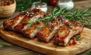 Costillas al horno jugosas y doradas, servidas en tabla de madera con romero fresco y sal gruesa. ¡Un festín para los sentidos!