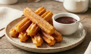 Montón de churros sin gluten espolvoreados con azúcar, junto a una taza de chocolate caliente.