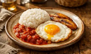 Un plato de arroz a la cubana con huevo frito, plátanos maduros fritos y salsa de tomate.
