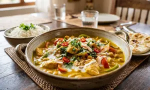 Un delicioso pollo al curry cremoso con garbanzos, pimientos y coco rallado, servido con arroz blanco y pan naan.