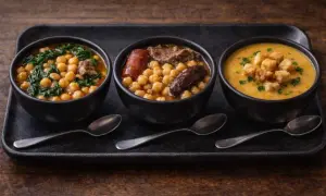 Tres cuencos de potaje de garbanzos, uno con espinacas, otro con chorizo y carne, y uno de crema con picatostes.