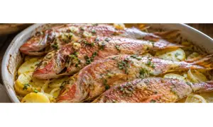 Cuatro salmonetes al horno, dorados y con hierbas, reposan sobre patatas laminadas en una fuente blanca.