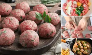 Albondigas con tomate, preparándose y cocinándose. Carne picada, huevo y hierbas para las albóndigas.