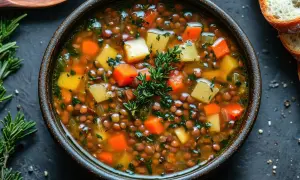 Tazón de sopa de lentejas con zanahoria y patata, perfecto para una receta de lentejas thermomix.