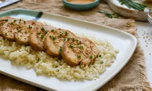 Pechuga de pollo en rodajas, servida sobre arroz blanco y espolvoreada con semillas de sésamo y cebollín.
