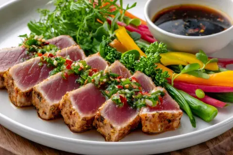 Tataki de atún sellado con hierbas frescas y chile, acompañado de verduras crujientes y salsa.
