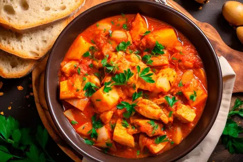 Un tazón humeante de patatas con bonito en salsa de tomate, adornado con perejil fresco. Acompañado de rebanadas de pan rústico.