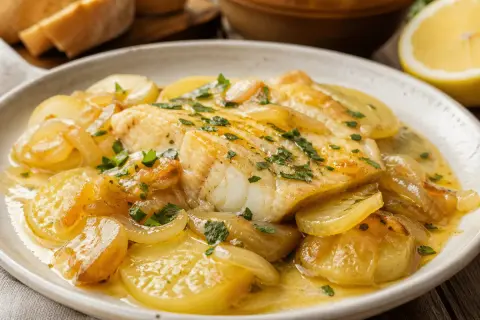 Merluza al horno con patatas, cebolla y perejil, servida en un plato blanco con una rodaja de limón al fondo.