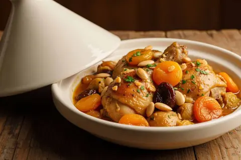 Pollo almendras en tajín, preparado con Thermomix. Jugosas piezas de pollo con albaricoques secos, ciruelas pasas y almendras tostadas.