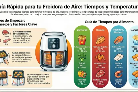 Guía de freidora de aire con tiempos y temperaturas para verduras, carnes, pescado y congelados. Incluye consejos para cocinar patatas, brócoli y pimientos.
