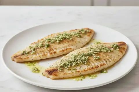 Dos filetes de merluza a la plancha, dorados y jugosos, con un toque de perejil picado y aceite de oliva.