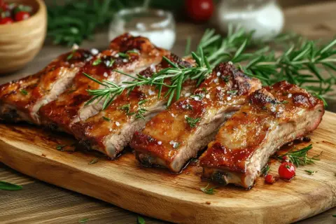 Costillas al horno jugosas y doradas, servidas en tabla de madera con romero fresco y sal gruesa. ¡Un festín para los sentidos!