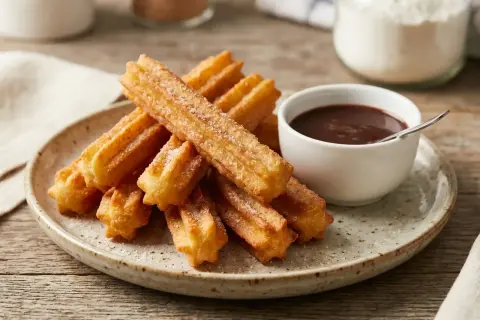 Montón de churros sin gluten espolvoreados con azúcar, junto a una taza de chocolate caliente.