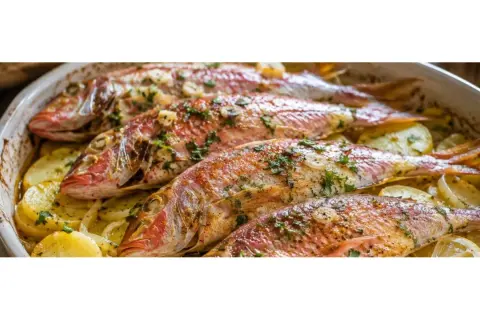Cuatro salmonetes al horno, dorados y con hierbas, reposan sobre patatas laminadas en una fuente blanca.