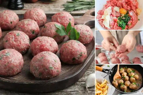 Albondigas con tomate, preparándose y cocinándose. Carne picada, huevo y hierbas para las albóndigas.