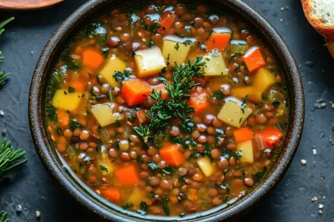 Tazón de sopa de lentejas con zanahoria y patata, perfecto para una receta de lentejas thermomix.