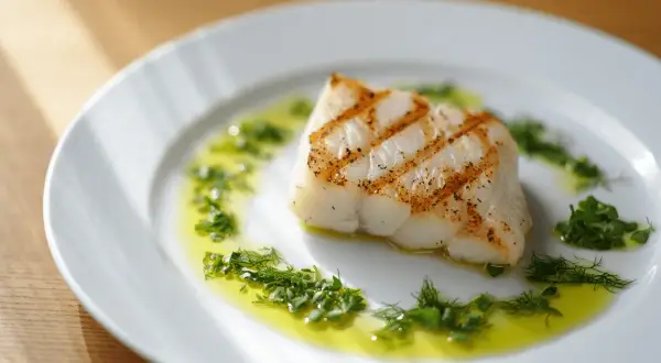 Un delicioso bacalao a la plancha, con marcas doradas y servido sobre un plato blanco con aceite de oliva y hierbas frescas picadas.