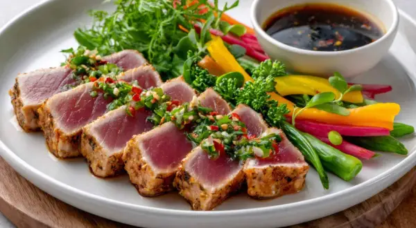 Tataki de atún sellado con hierbas frescas y chile, acompañado de verduras crujientes y salsa.