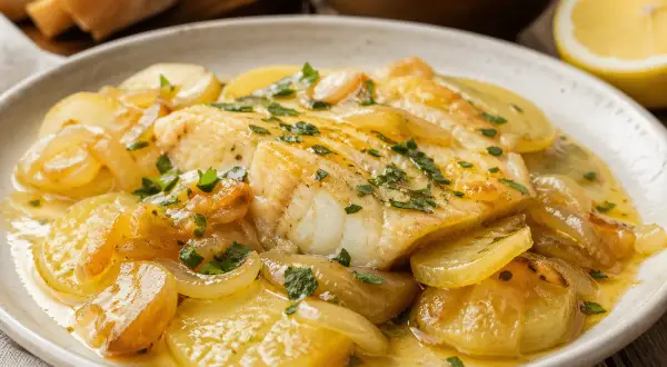 Merluza al horno con patatas, cebolla y perejil, servida en un plato blanco con una rodaja de limón al fondo.