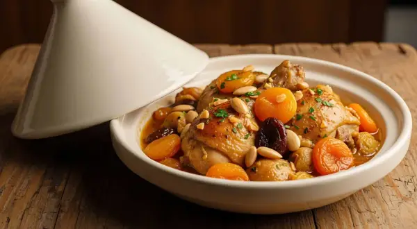 Pollo almendras en tajín, preparado con Thermomix. Jugosas piezas de pollo con albaricoques secos, ciruelas pasas y almendras tostadas.