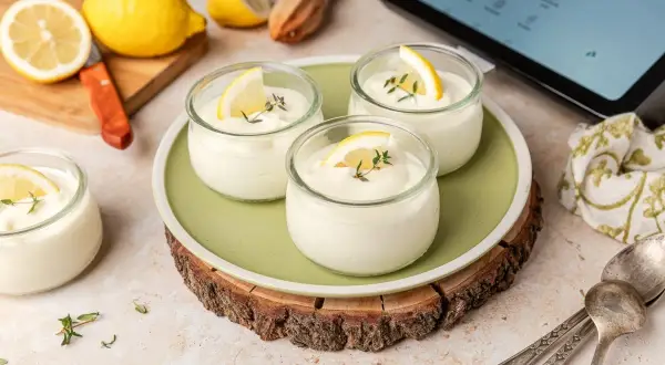 Delicioso mousse de limón Thermomix en vasitos, decorado con limón y tomillo. ¡Perfecto para un postre refrescante!