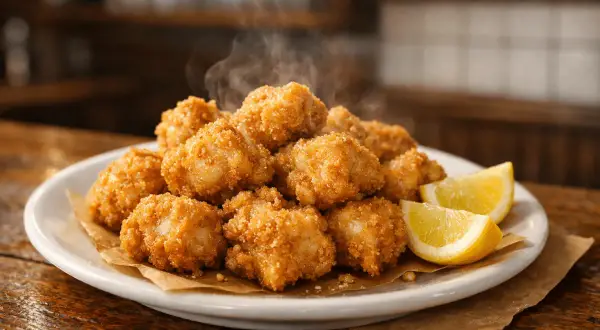 Montón de cazon en adobo crujiente y humeante servido en plato blanco con gajos de limón.