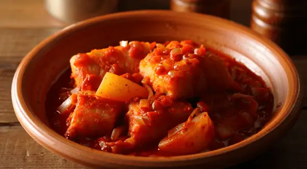 Bacalao a la vizcaina, trozos de pescado blanco en una salsa roja con pimientos y cebolla, servido en un cuenco de barro.