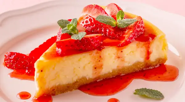 Deliciosa tarta de fresas con nata y queso Philadelphia, cubierta con salsa de fresa y hojas de menta.