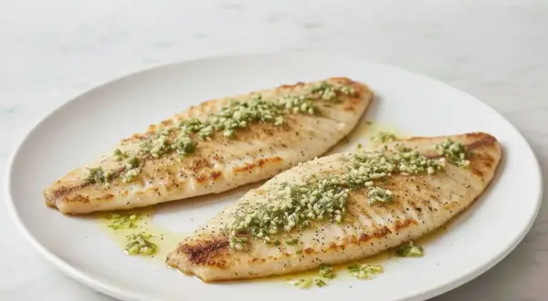 Dos filetes de merluza a la plancha, dorados y jugosos, con un toque de perejil picado y aceite de oliva.