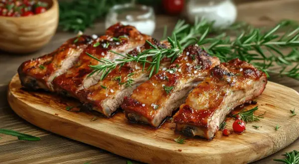 Costillas al horno jugosas y doradas, servidas en tabla de madera con romero fresco y sal gruesa. ¡Un festín para los sentidos!