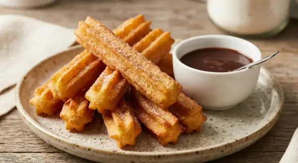 Montón de churros sin gluten espolvoreados con azúcar, junto a una taza de chocolate caliente.