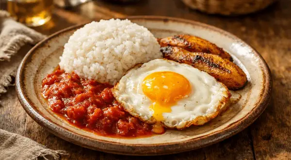 Un plato de arroz a la cubana con huevo frito, plátanos maduros fritos y salsa de tomate.