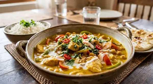 Un delicioso pollo al curry cremoso con garbanzos, pimientos y coco rallado, servido con arroz blanco y pan naan.