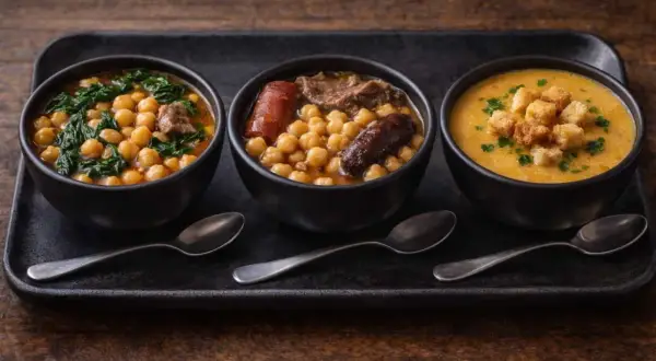 Tres cuencos de potaje de garbanzos, uno con espinacas, otro con chorizo y carne, y uno de crema con picatostes.