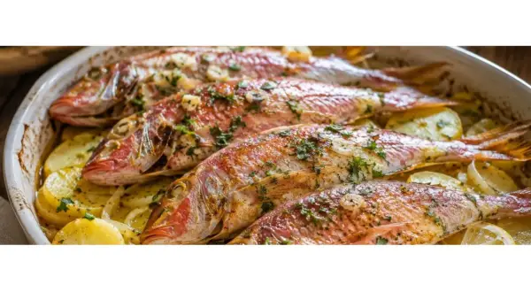 Cuatro salmonetes al horno, dorados y con hierbas, reposan sobre patatas laminadas en una fuente blanca.