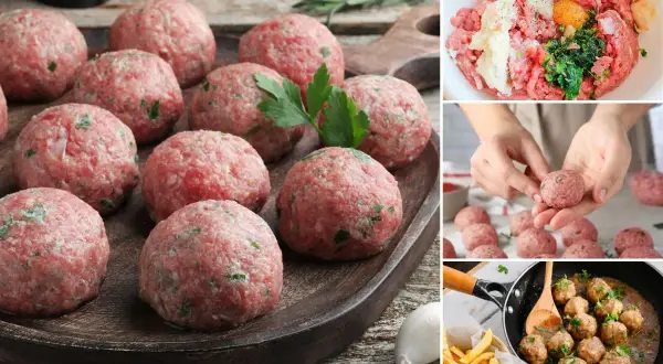 Albondigas con tomate, preparándose y cocinándose. Carne picada, huevo y hierbas para las albóndigas.