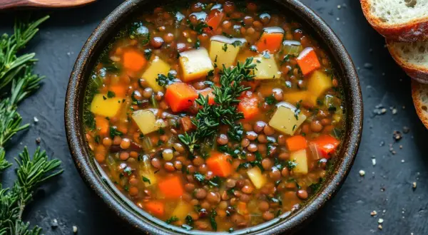 Tazón de sopa de lentejas con zanahoria y patata, perfecto para una receta de lentejas thermomix.