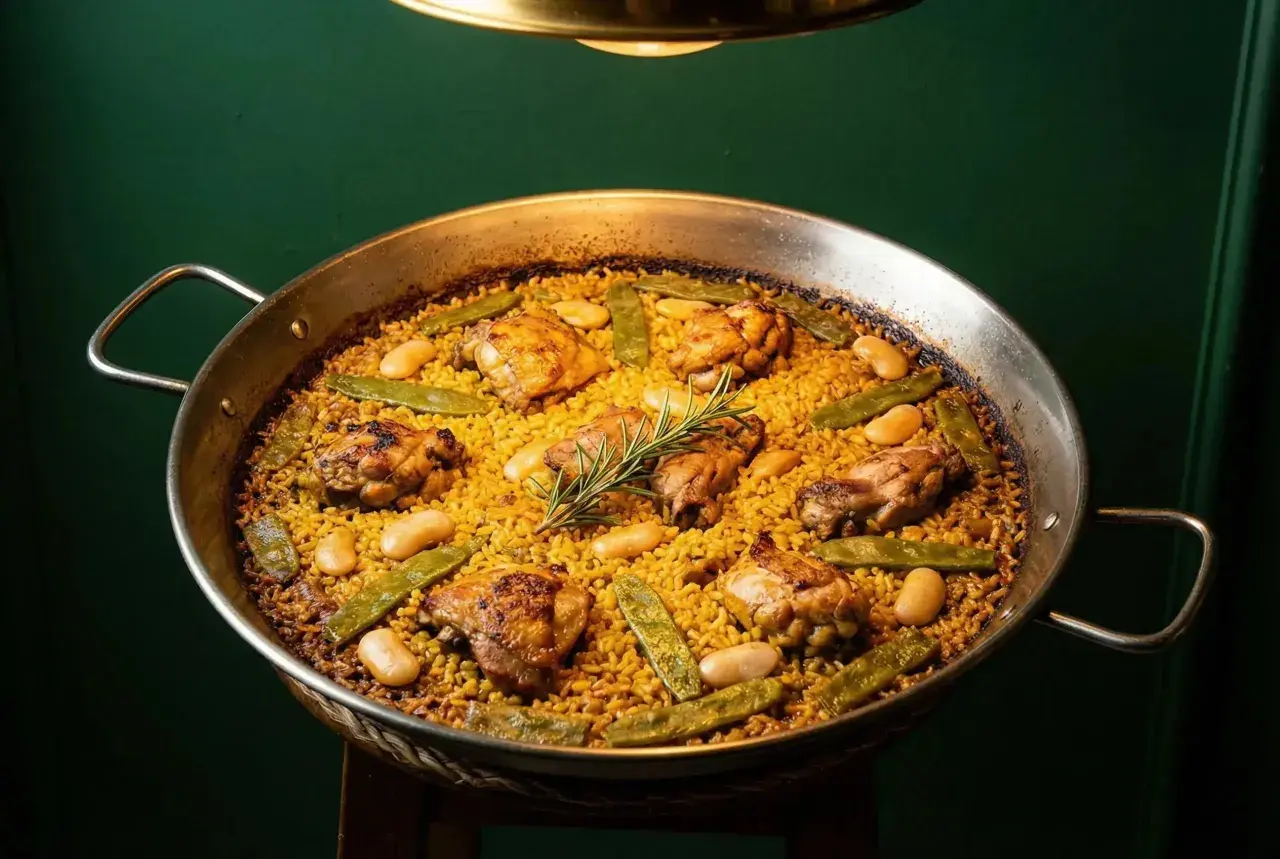 Paella valenciana recién hecha, con trozos de pollo dorado, judías verdes y garrofón, coronada con una ramita de romero.