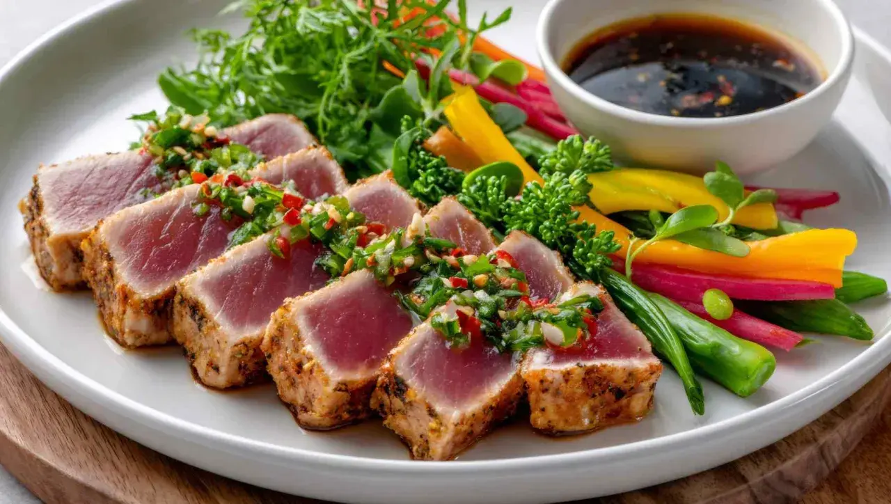 Tataki de atún sellado con hierbas frescas y chile, acompañado de verduras crujientes y salsa.