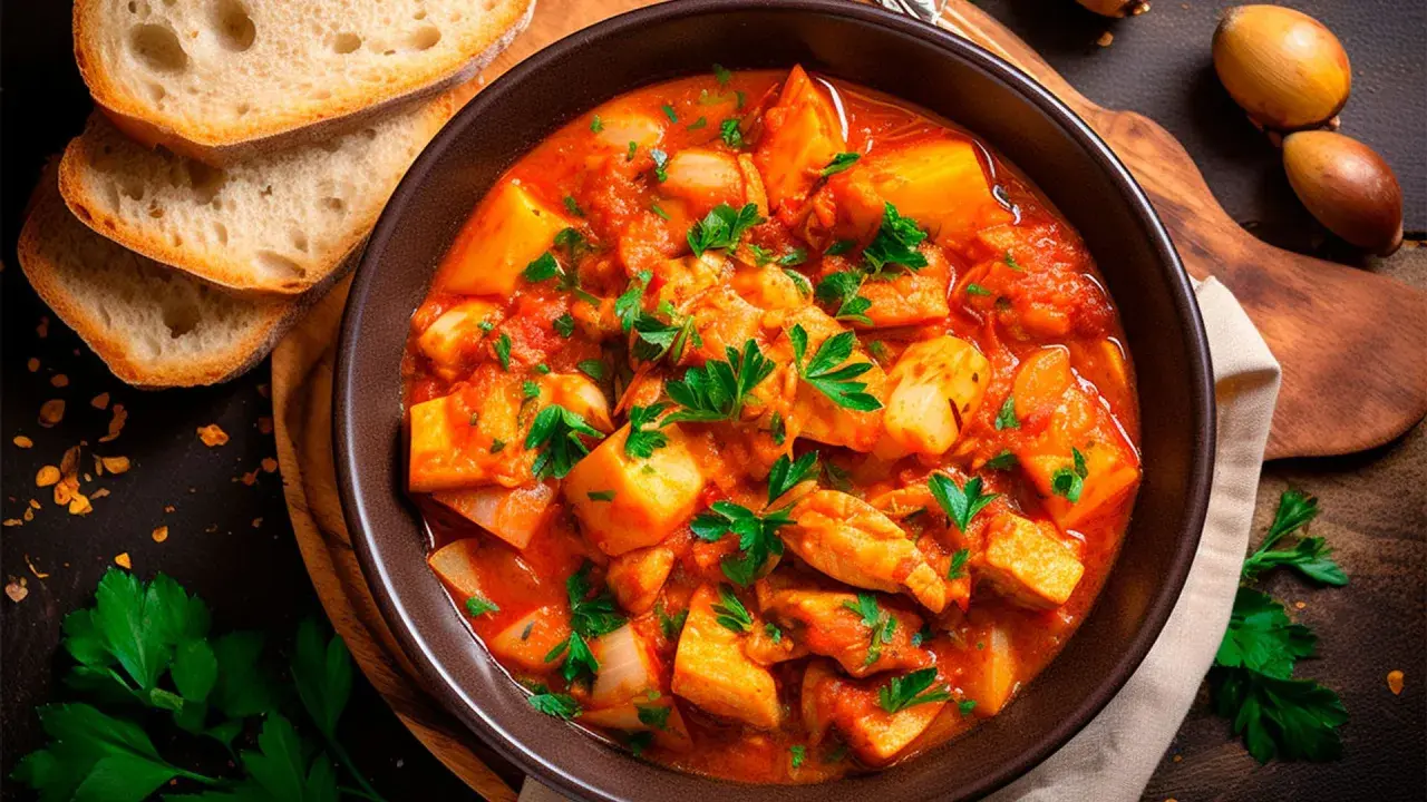 Un tazón humeante de patatas con bonito en salsa de tomate, adornado con perejil fresco. Acompañado de rebanadas de pan rústico.