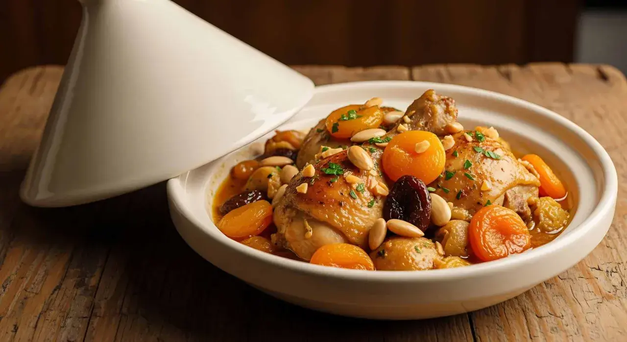 Pollo almendras en tajín, preparado con Thermomix. Jugosas piezas de pollo con albaricoques secos, ciruelas pasas y almendras tostadas.